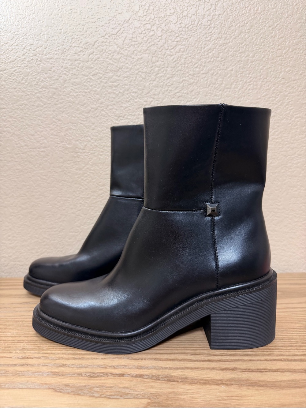 Franco Sarto Kyra Black Leather Mid-Calf Block Heel Boots